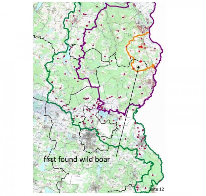 La&nbsp;seguente mappa&nbsp;mostra i confini della&nbsp;zona&nbsp;centrale (gialla), infetta (viola) e tampone (verde), nonch&eacute; l&#39;ubicazione dei casi di cinghiali trovati (asterisco) e degli allevamenti di suini (punti rossi). Fonte: MAP.
