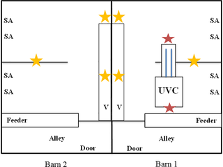 Il modulo &egrave; composto da filtro, ventilatore axiale (tra filtro e tubi UV a destra) e 4 unit&agrave; UV (linee blu). Griglia protettiva (a sinistra) per protezione contro le radiazioni. La direzione dell&#39;aria &egrave; data dalla freccia blu. Le misure del filtro &egrave; in mm.https://doi.org/10.1371/journal.pone.0225047.g003