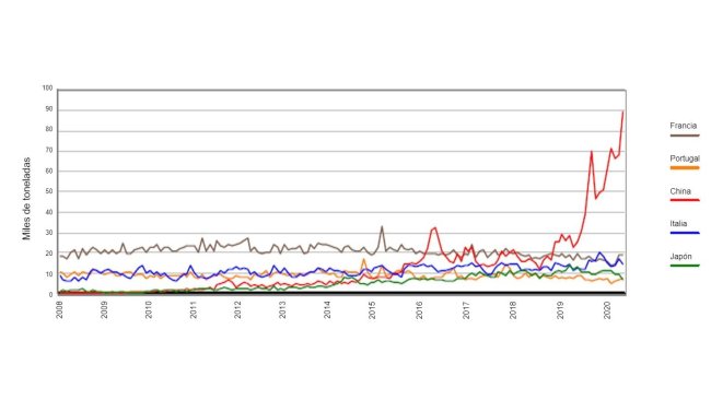 Grafico 1. Evoluzione mensile dell'export di carcasse e tagli dalla Spagna verso Francia, Italia, Portogallo, Cina e Giappone. Fonte: AEAT.
