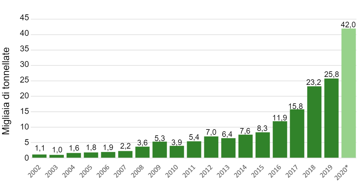 Grafico N&ordm; 4. Esportazioni. Fonte: dati DOGANA - Proiezione anno 2002.
