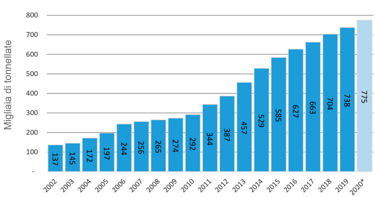 Grafico N&ordm;1. Evoluzione della produzione 2002/20. Fonte: MAGyP e dati propri - Dati previsti per l'anno 2020.
