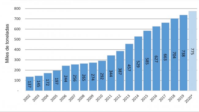 Grafico N&ordm;1. Evoluzione della produzione 2002/20. Fonte: MAGyP e dati propri - Dati previsti per l&#39;anno 2020.
