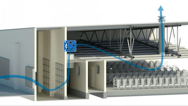 Figura 2: Capannone di gestazione a pressione positiva con filtraggio d'aria ed estrazione meccanica.