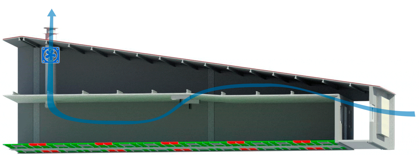 Figura&nbsp;3: Ventilazione a pressione negativa: capannone di sala parto con entrata dalla parete laterale&nbsp;in un capannone ad una falda, estrazione meccanica dalla parte opposta.
