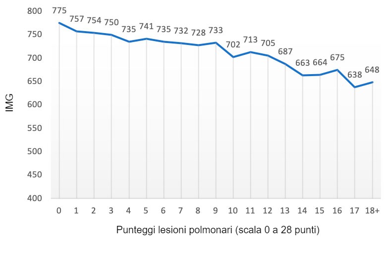 Figura 2: Valore dell&#39;IMG&nbsp;(grammi) in funzione del punteggio della lesione polmonare (scala da 0 a 28 punti). Adattato da Pagot et al. (2007).
