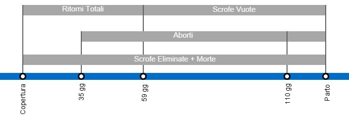 Tipi di perdite di gestazione che determinano un calo della portata al parto, con il dettaglio dei diversi tipi di perdite secondo l'intervallo di tempo tra l'inseminazione e la perdita.