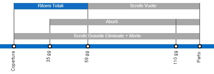 Tipi di perdite di gestazione che determinano un calo della portata al parto, con il dettaglio dei diversi tipi di perdite secondo l'intervallo tra inseminazione e perdita
