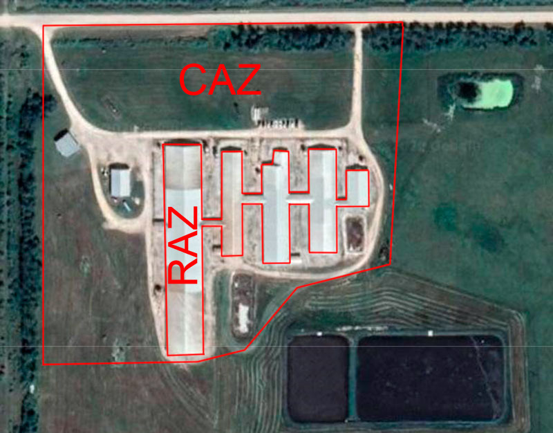 Immagine 1. Zona ad accesso limitato (RAZ) e zona ad accesso controllato (CAZ) di un&#39;allevamento. Limiti delle zone sporche/pulite in allevamento. https://www.cpc-ccp.com/visitor-and-farm-biosecurity
