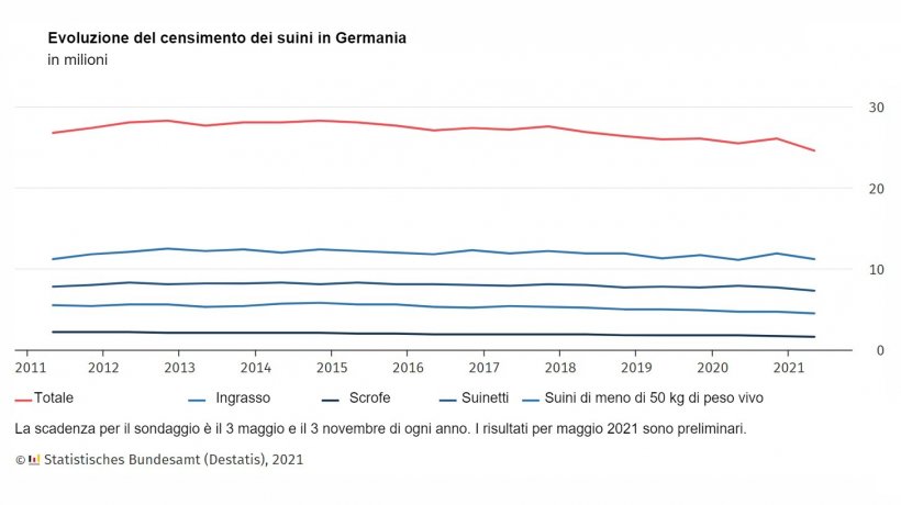 Evoluzione del censimento dei suini in Germania.
