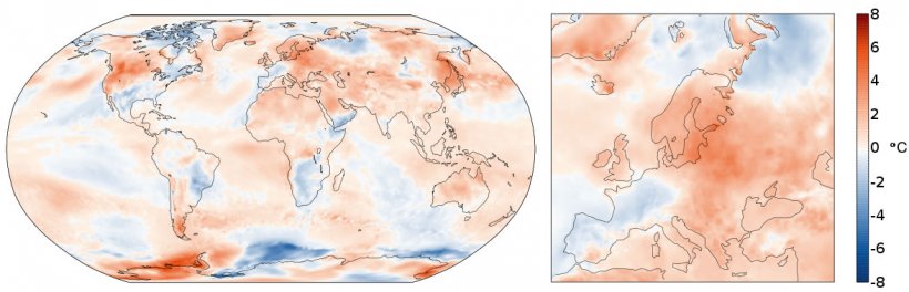 Figura 2. Anomalia della temperatura dell&#39;aria a luglio 2021 in relazione al periodo 1991-2020 (Fonte: Copernicus Climate Change Service/ECMWF)

