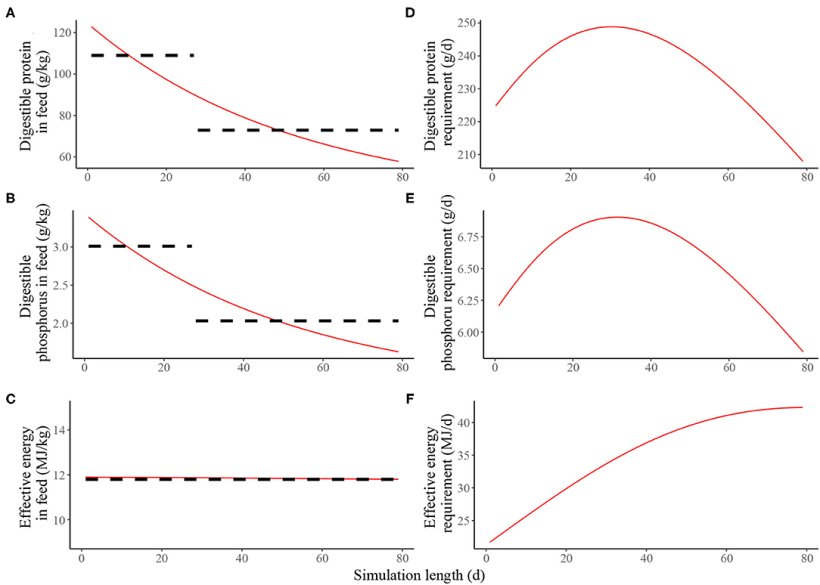 Figura 2. Composizione nutrizionale stimata dei mangimi in una strategia di alimentazione a due fasi (linea nera tratteggiata, scenario 1) o strategia di alimentazione di precisione (linea rossa continua; scenario 2) offerta al suino medio in termini di: (A) proteine ​​digeribili (g/kg); (B) fosforo digeribile (g/kg); (C) energia effettiva (MJ/kg); fabbisogno nutritivo giornaliero stimato per il mantenimento e la crescita del suino medio in termini di: (D) proteine digeribili (g/g); (E) fosforo digeribile (g/d); (F) energia effettiva (MJ/d). Per una descrizione dettagliata degli scena
