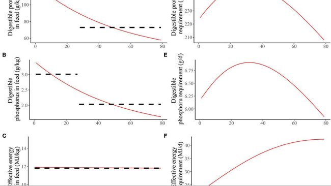 Figura 2. Composizione nutrizionale stimata dei mangimi in una strategia di alimentazione a due fasi (linea nera tratteggiata, scenario 1) o strategia di alimentazione di precisione (linea rossa continua; scenario 2) offerta al suino medio in termini di: (A) proteine digeribili (g/kg); (B) fosforo digeribile (g/kg); (C) energia effettiva (MJ/kg); fabbisogno nutritivo giornaliero stimato per il mantenimento e la crescita del suino medio in termini di: (D) proteine digeribili (g/g); (E) fosforo digeribile (g/d); (F) energia effettiva (MJ/d). Per una descrizione dettagliata degli scena