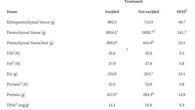 La composizione della ghiandola mammaria di scrofe di 2° parto di 4 ghiandole funzionali che sono state precedentemente nella prima lattazione succhiate (n.16) oppure non succhiate (n.16).