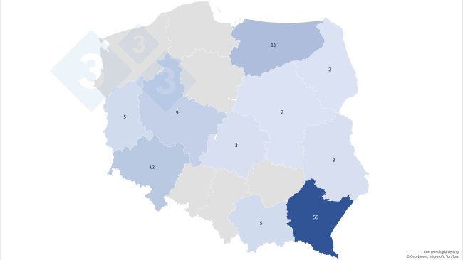 Numero di focolai di PSA in ciascun voivodato