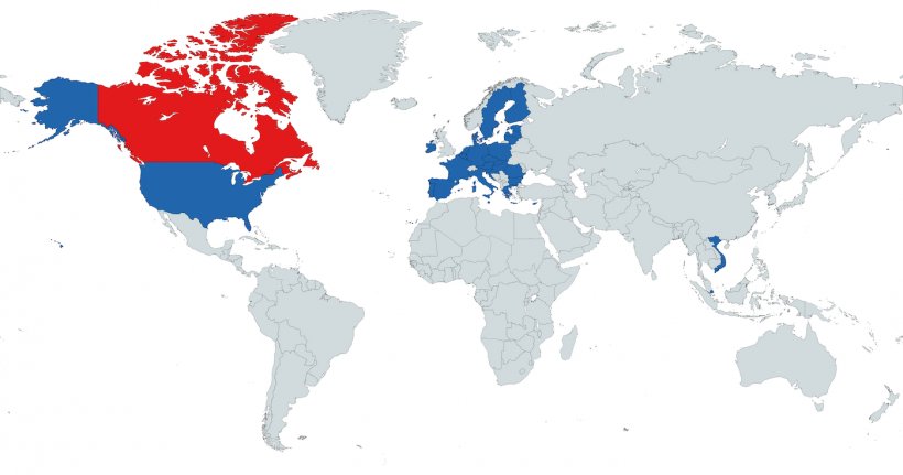 Figura 1. Paesi con i quali il Canada ha accordi di zonizzazione per la PSA (Vietnam, Singapore, Unione Europea e Stati Uniti).
