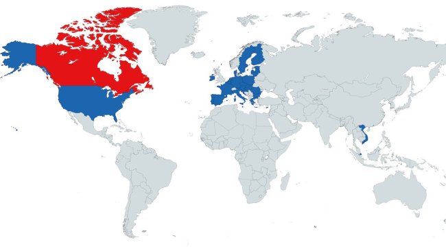 Figura 1. Paesi con i quali il Canada ha accordi di zonizzazione per la PSA (Vietnam, Singapore, Unione Europea e Stati Uniti).