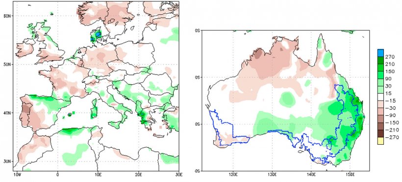 Figura 2. A sinistra: Anomalie delle precipitazioni europee. A destra: Anomalie nelle precipitazioni australiane. Climate Prediction Center &ndash; NOOA (mm) 09NOV2021 - 08DEC2021. Data source: CPC Unified (gauge-based &amp; 0,5X0,5 deg resolution) Precipitation Analysis Climatology (1991-2020)
