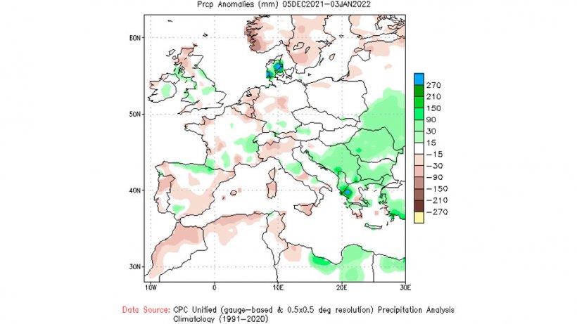 Mappa 1. Anomalie delle precipitazioni europee (mm) tra il 5 dicembre 2021 e il 3 gennaio 2022 (fonte: Climate Prediction Center &ndash; NOOA)
