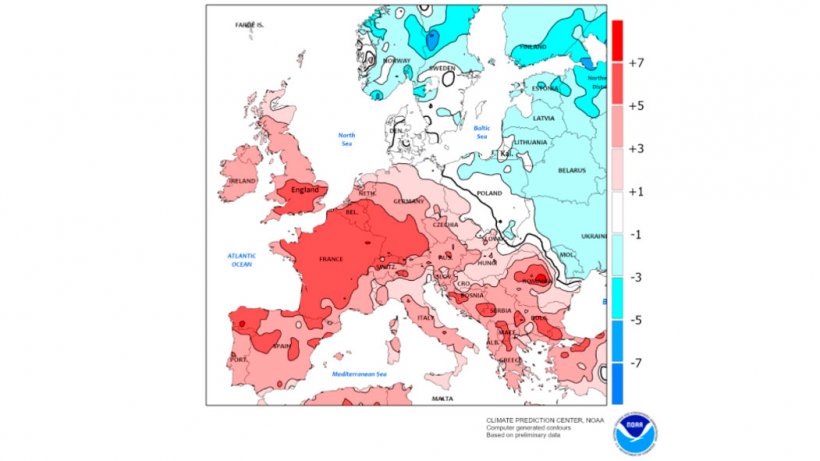 Mappa 2. Anomalie nelle temperature europee (&ordm;C) tra il 26 dicembre 2021 e il 1 gennaio 2022 (fonte: Climate Prediction Center &ndash; NOOA)
