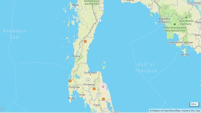 Focolai di PSA e clusters di focolai in Tailandia. © OpenStreetMap contributors. https://www.openstreetmap.org/copyright