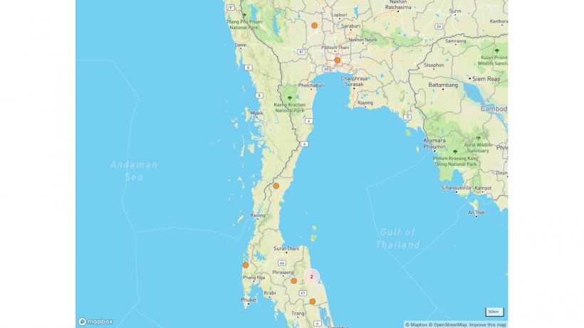 Focolai di&nbsp;PSA e clusters di focolai in&nbsp;Tailandia. &copy; OpenStreetMap contributors.&nbsp;https://www.openstreetmap.org/copyright
