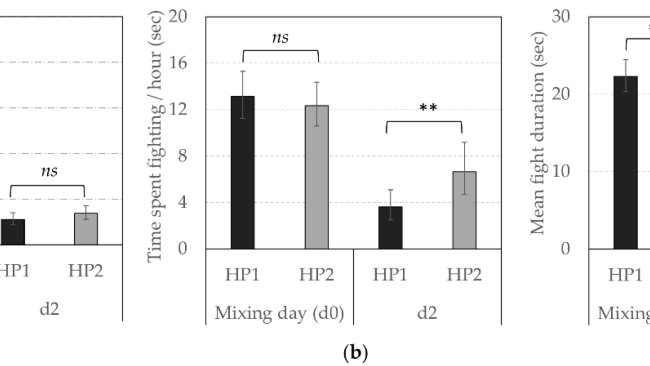 Comportamenti agonistici reciproci secondo la linea genetica (HP1, HP2). Media prevista trasformata all'indietro (CI) (a) numero di combattimenti all'ora, (b) tempo trascorso a combattere all'ora (in sec) e (c) durata media del combattimento (in sec) su d0 (miscelazione) e d2. **, ***; Le medie differiscono significativamente (** p < 0,010, *** p < 0,001); † Le medie tendono a differire (p < 0,10) tra le linee genetiche per lo stesso giorno di osservazione; ns: non significativo.