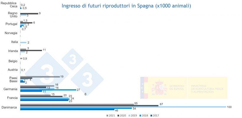 Figura 2. Ingresso di futuri riproduttori&nbsp;in Spagna dal 2017 al 2021. Fonte MAPA
