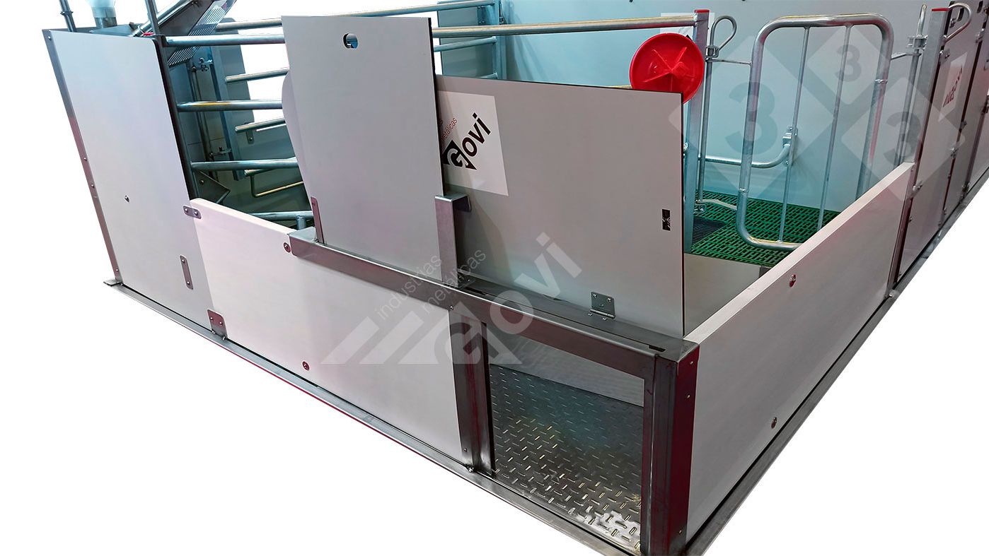 Figura 1. Sala parto con porte che danno accesso ai suinetti al "nido" o alla sala contigua.
