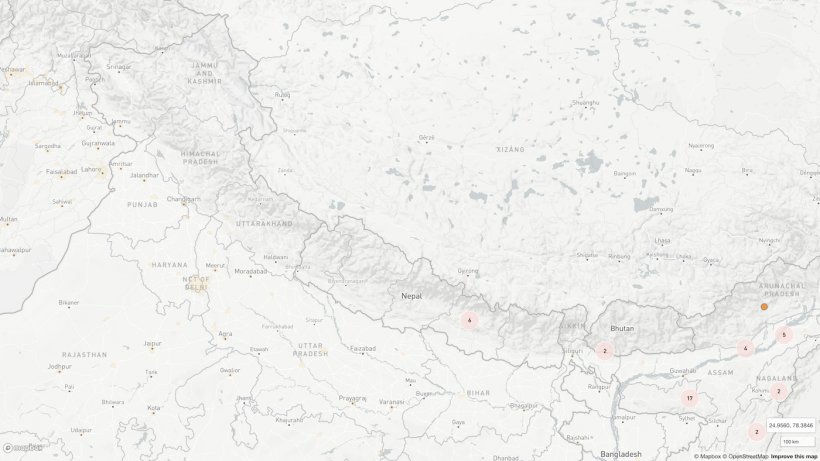 Posizione dei 6&nbsp;focolai segnalati finora in Nepal. Sono indicati anche altri gruppi di focolai&nbsp;vicini. Fonte: OIE sulla base di collaboratori di&nbsp;OpenStreetMap&nbsp;(https://www.openstreetmap.org/about/)
