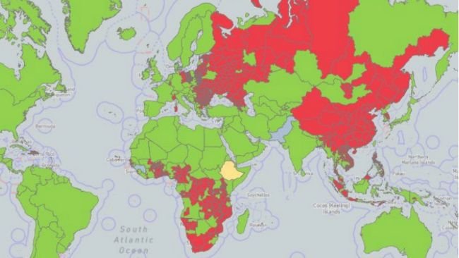 Distribuzione globale della peste suina africana dal 2005. Aree infette (segnalate almeno
una volta) sono mostrate in rosso, le aree sospette in giallo e le aree indenni in verde. Fonte: OIE.