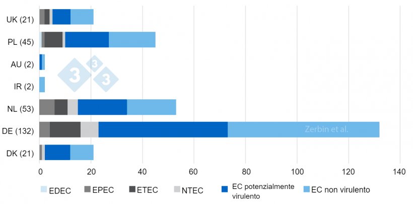 Figura 3. Numero e distribuzione dei tipi di E. coli su un totale di 276 isolati per paese di origine. Numero di isolati per paese tra parentesi.
