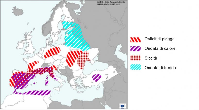Mappa 1. Eventi meteorologici estremi in Europa dal 1&deg; maggio al 17 giugno 2022 (fonte: MARS Bulletin 20/06/2022)
