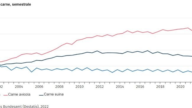 Produzione commerciale di carne, semestrale. Fonte: Destatis.