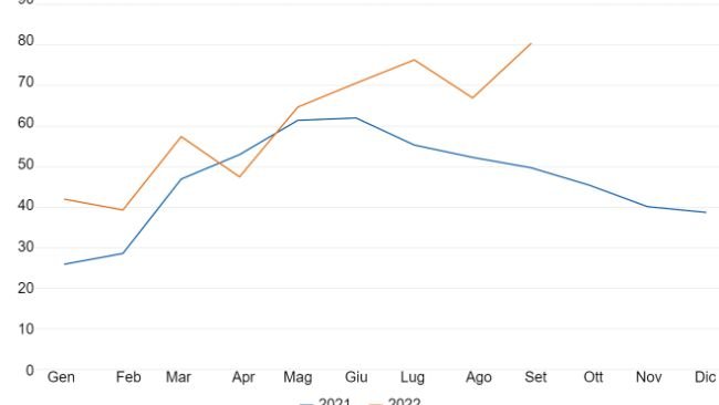Volume di carne suina e prodotti a base di carne suina importati dalle Filippine al mese (migliaia di tonnellate). Dati del Philippine Bureau of Animal Industry..