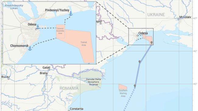 Mappa del corridoio del grano del Mar Nero. Centro di Coordinamento Congiunto dell'iniziativa delle Nazioni Unite sui cereali del Mar Nero.
