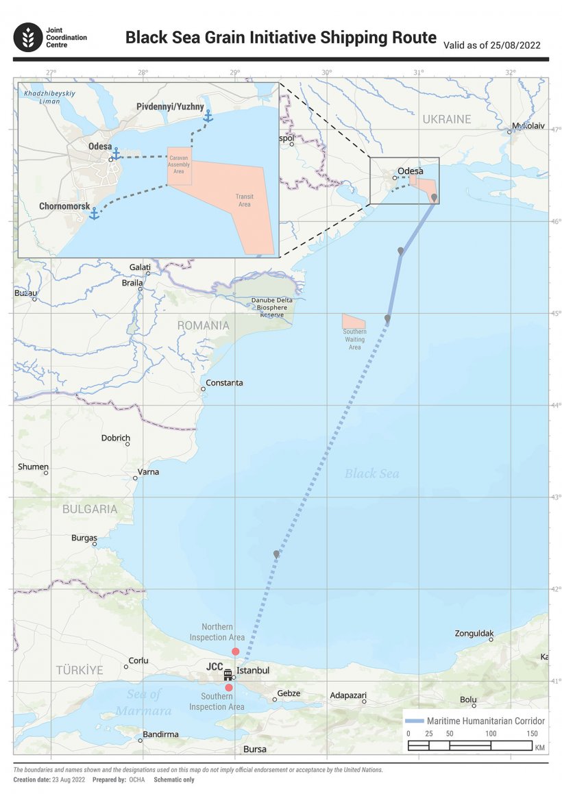 Mappa del corridoio del grano del Mar Nero. Centro di Coordinamento Congiunto dell&#39;iniziativa delle Nazioni Unite sui cereali del Mar Nero.
