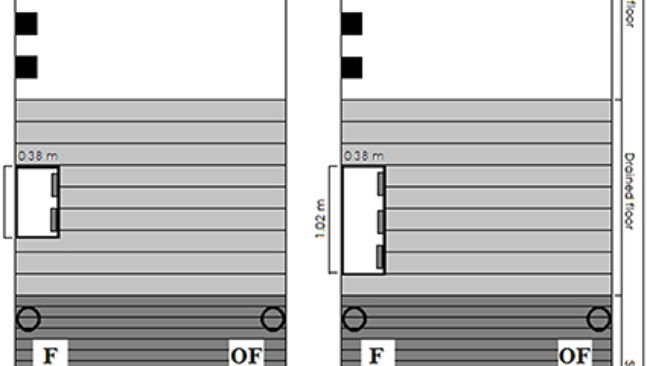 Figura 1. Disegno delle dimensioni e del design del boxc per (A) box con una densità di 1,21 m2/suino (11 suini) e (B) box con una densità di 0,73 m2/suino (18 suini). Il rettangolo bianco rappresenta l'alimentatore e i quadrati neri solidi rappresentano due travi di legno in rack verticali separati. I cerchi neri rappresentano le tazze e tutti box includevano una tazza sullo stesso lato della mangiatoia (F) e una tazza sul lato opposto all'alimentatore (OF). Tutti box avevano le stesse dimensioni.