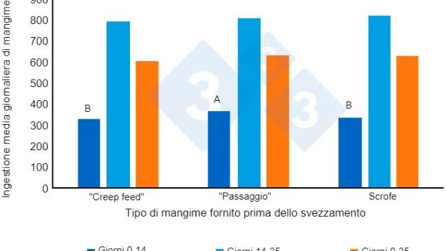Figura 2. Ingestione media giornaliera di mangime (grammi/giorno) dei suinetti dopo lo svezzamento. Adattato da Heo et al. (2018). Diversi apici (AB) nelle barre indicano una differenza significativa tra i trattamenti (P<0,00).