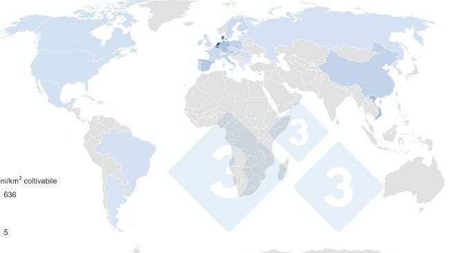Mappa 1. Nº di suini/km2 di terra coltivabile nei principali produttori mondiali nel 2020. Dati terreni coltivabili: Banca Mondiale. Dati censimenti: 3tres3