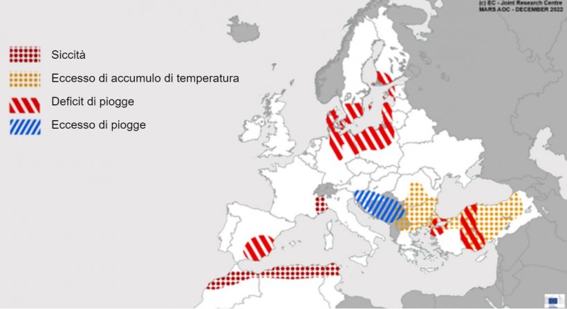 Mappa 1. Eventi climatici&nbsp;estremi in Europa dal 1&deg; novembre al 15 dicembre 2022 (fonte: MARS Butlletin 19/12/2022)
