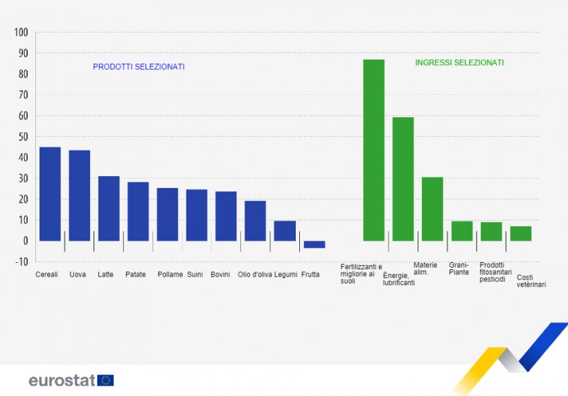 EVOLUZIONE DEGLI INDICI DEI PREZZI ALLA PRODUZIONE E ALL&#39;INGRESSO (variazioni %, 2021-2022, stime UE).
