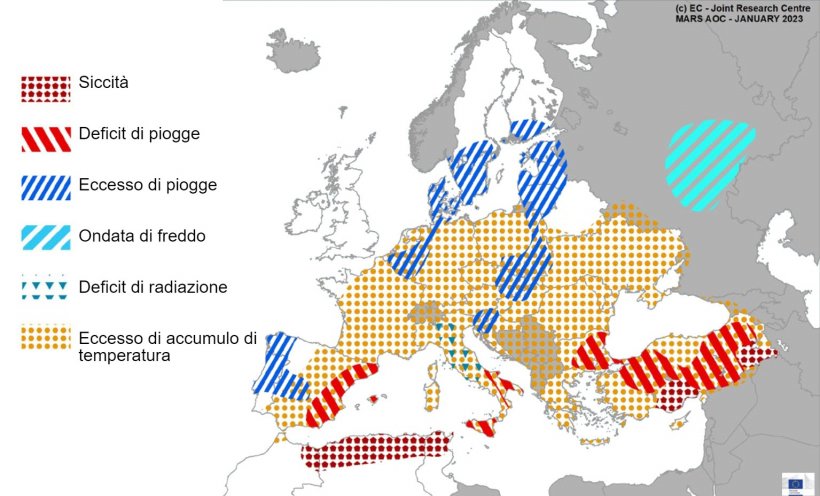 Mappa 1. Eventi meteorologici estremi in Europa dal 1&deg; dicembre 2022 al 20 gennaio 2023 (fonte: MARS Butlletin 23/01/2023).
