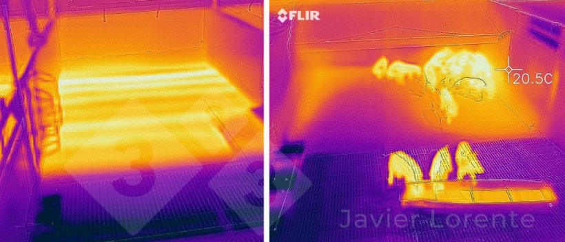 Foto 2. A sinistra: Immagine termografica di un pavimento radiante funzionante correttamente. A destra: Immagine termografica di un riscaldamento a pavimento malfunzionante, con una zona praticamente inattiva.
