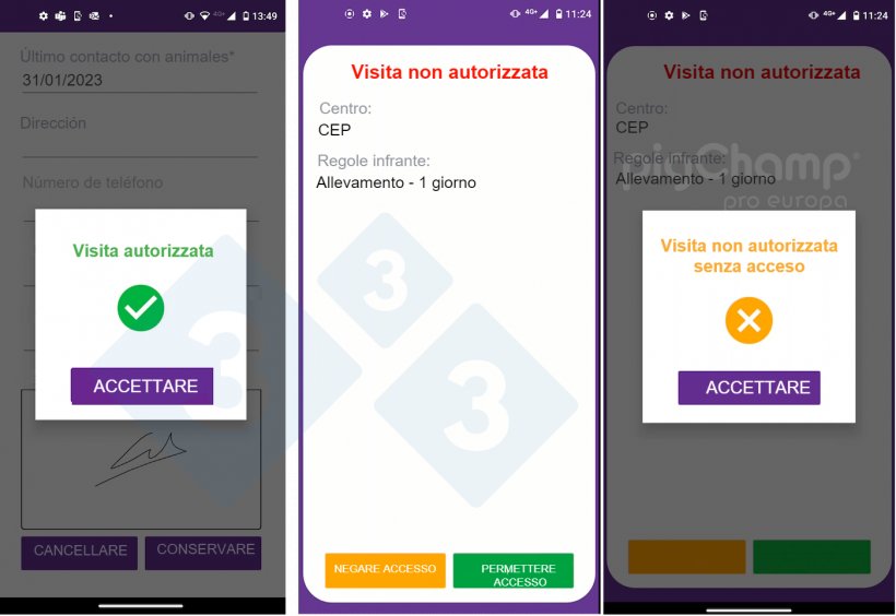 Immagine 1. Esempi di visita accettata (a sinistra), avviso di visita non autorizzata (al centro) e rifiuto di visita non autorizzata (a destra).

