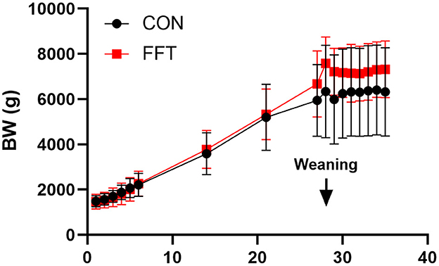 Figura 1. Curva di crescita basata sul peso corporeo giornaliero dei suini dal giorno 1 al giorno 35. I suini hanno ricevuto trapianto di filtrato fecale (FFT, n = 7-20) o soluzione fisiologica sterile (CON, n = 6-18). I dati sono espressi come media ± SD.