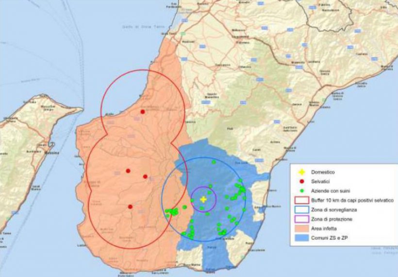 Localizzazione di nuovi focolai di PSA nella regione Calabria, Italia
(punti rossi: focolai nei cinghiali; croce gialla: focolai negli allevamenti di suini). Fonte: MAPPA.
