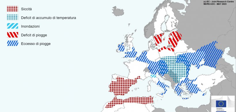 Mappa 2. Eventi meteorologici estremi in Europa dal 1 aprile al 14 maggio 2023 (fonte: MARS Bulletin 05/22/2023).
