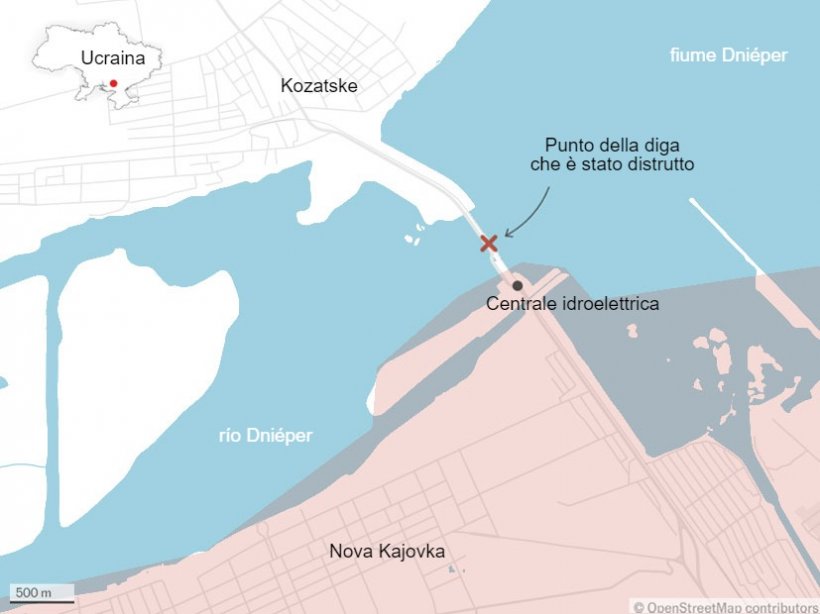 Mappa 1. Ubicazione della centrale idroelettrica di Nova Kajovka (fonte: El Pa&iacute;s 06/06/2023).
