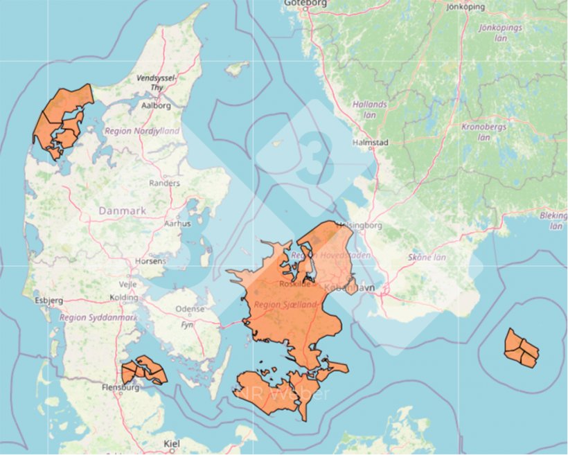 Figura 3. Stato della strategia nazionale di riduzione della vPRRS in Danimarca. Il colore arancione rappresenta programmi di eradicazione regionali consolidati.
