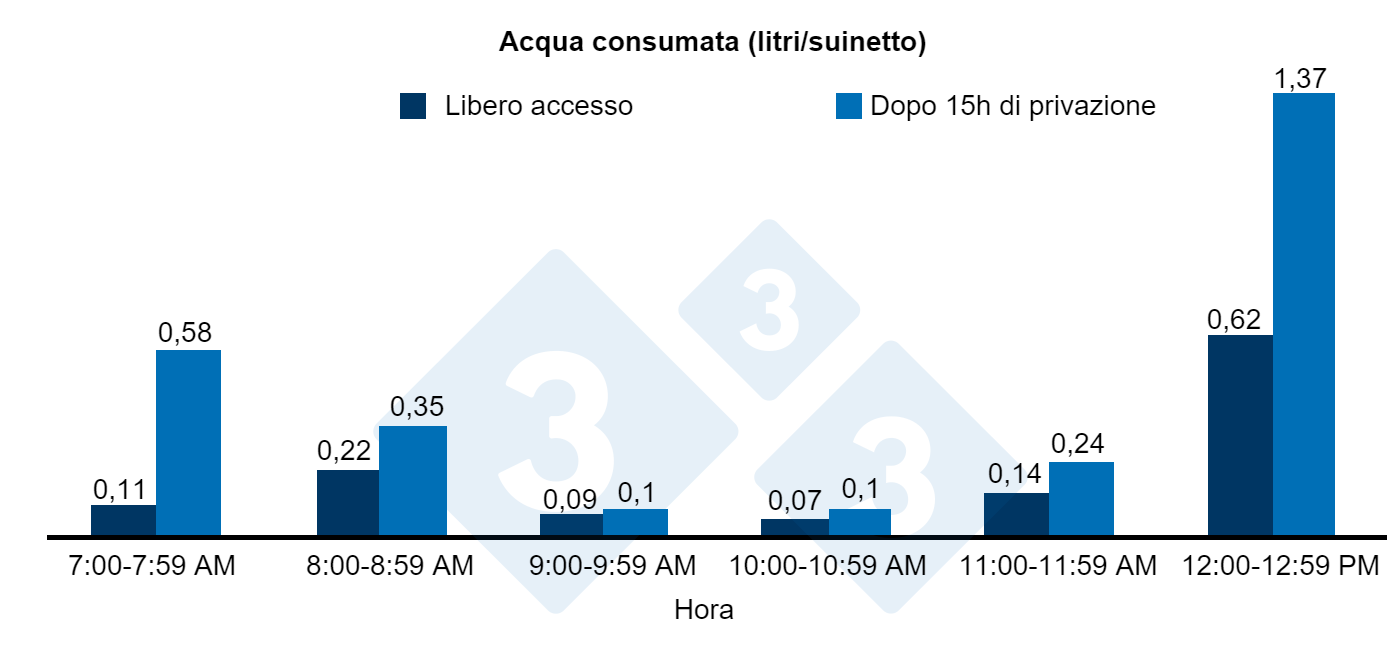 Acqua consumata (litri/suinetto) dopo 15 ore di privazione o di libero accesso allacqua.